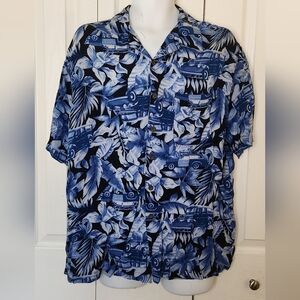Panama Jack midnight blue vintage car floral Hawaiian print short sleeve button